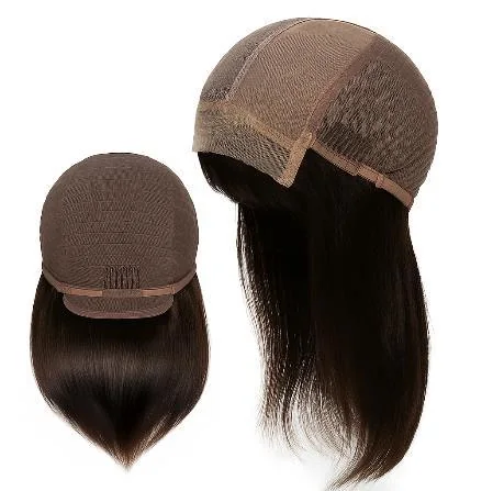 Natural black Indian Temple Remy alopecia wig showing the Swiss lace cap construction