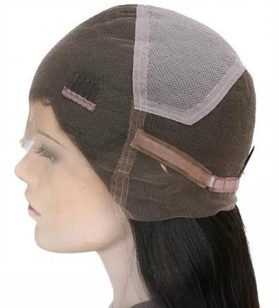 Natural black Indian Temple Remy full lace wig cap showing the lace construction and adjustable straps