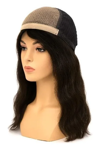 Natural black Indian Temple Remy Jewish wig showing a 5×5 Swiss lace top and shoulder-length style