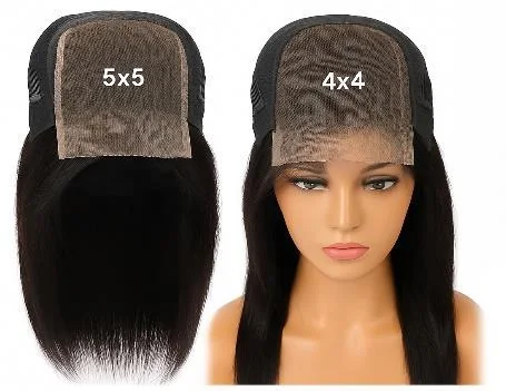 Natural black Indian Temple Remy lace closure wig showing 5×5 and 4×4 lace construction