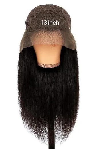 Natural black Indian Temple Remy lace frontal wig showing the 13-inch frontal construction